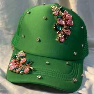 Embellished Green custom Trucker hat with Pink and Green Gems